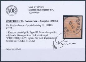 1850 1kr MP type III. sötétsárga / dark yellow "ÖDENBURG". Certificate: Steiner