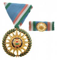 1976. Szocialista Magyarországért Érdemrend aranyozott, zománcozott bronz kitüntetés mellszalaggal, miniatűrrel szalagsávon, eredeti tokban. Az érdemrend jelvényét Csucs Viktória (1934-1993) tervezte. T:1- fo. / Hungary 1976. Order of Merit for the Socialist Hungary gilt, enamelled bronze decoration on ribbon, with miniature on thin ribbon, in original case. The badge of the order designed by Viktória Csucs (1934-1993) C:AU spotted NMK: 715.