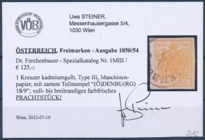 1850 1kr MP type III. kadmiumsárga / cadmium yellow "(Ö)DENBU(RG)". Certificate: Steiner