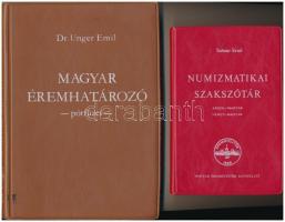 Saltzer Ernő: Numizmatikai szakszótár. Angol-magyar, német-magyar. Magyar Éremgyűjtők Egyesülete, Budapest, 1979. Piros műbőr kötésben + Dr. Unger Emil: Magyar éremhatározó - pótfüzet. Magyar Éremgyűjtők Egyesülete, Budapest, 1985. Barna műbőr kötésben. Mindkettő használt, de jó állapotban, a borítókon kis tintafolt.