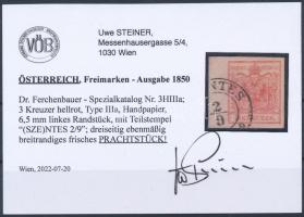 1850 3kr HP type IIIa. világos piros, a bal oldalon 6,5 mm-es ívszéllel "(SZE)NTES" Certif...