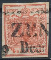 1850 3kr HP type Ia. dark bright red, plate flaw "ZEN(GG)" Certificate: Steiner, 1850 3kr HP type Ia. sötét élénkpiros, lemezhiba a 3-as számjegyben "ZEN(GG)" Certificate: Steiner