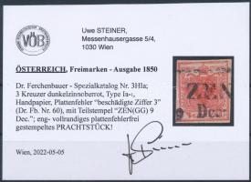 1850 3kr HP type Ia. dark bright red, plate flaw "ZEN(GG)" Certificate: Steiner 1850 3kr H...