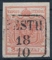 1850 3kr HP type Ia. cinnabar red, with plate flaw "PESTH" Certificate: Steiner, 1850 3kr HP type Ia. cinóber piros, lemezhiba a 3-as számjegynél "PESTH" Certificate: Steiner
