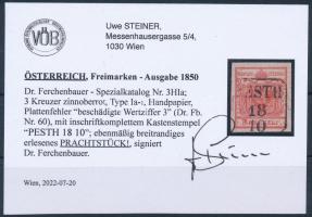 1850 3kr HP type Ia. cinnabar red, with plate flaw "PESTH" Certificate: Steiner 1850 3kr H...