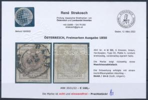 1850 6kr HP type III, Lemez 4, barna, gépszínátnyomattal "RAAB" Certificate: Strakosch 185...