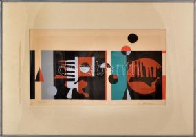 Joseph Kádár (1936-2019): Cím nélkül. Szitanyomat, papír, jelzett, számozott (99/100). Plexiüvegezett, kissé kopott fémkeretben. 26×48,5 cm