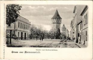 1910 Nagyszeben, Hermannstadt, Sibiu; Harteneck utca és torony, színház. G.A. Seraphin, Jos. Drotleff / Harteneckgasse / street and tower, theatre (EK)