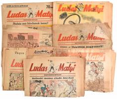 cca 1945-51 Ludas Matyi 12 lapszáma, többek közt Kassowitz Félix, Toncz Tibor, Szűr-Szabó József, Szegő Gizi karikatúráival, többségében sérült, hiányos és foltos