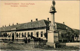 1909 Paripás, Parabuty, Parabutsch, Parabuc, Ratkovo; Községháza, Szentháromság szobor. W. L. (?) 1979. Mergl György kiadása / Gemeindehaus / town hall, Holy Trinity statue (EB)