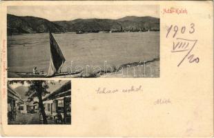 1903 Ada Kaleh, Duna part, vitorlás, török bazár / Danube riverside, sailing boat, Turkish bazaar shop (Rb)