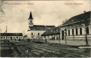 1908 Palánka, Backa Palanka; Fő utca, katolikus templom. Reszely Károly kiadása / main street, church