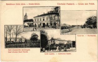 1907 Futak, Futtak, Futog; Rudolfinum zárda iskola, Gróf Chotek-féle kendergyár, Vásár tér, Grófi kastély. Singer József udvari fényképész kiadása / school, castle, square, hemp factory (EK)