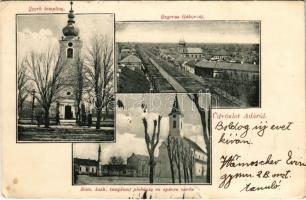 1907 Ada, Szerb templom, Szarvas Gábor út, Római katolikus templom, plébánia és apáca zárda. Grad Simon kiadása / Serbian church, street, Roman Catholic church, parish and nunnery (kis szakadás / small tear)