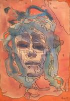 Olvashatatlan jelzéssel: Stilizált fej, 1969. Akvarell, kréta, papír, sérült. Feltekerve. 61x44 cm