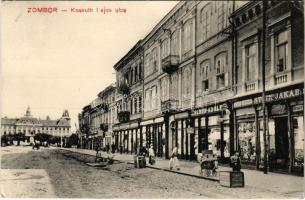 1910 Zombor, Sombor; Kossuth Lajos utca, Stein Jakab és Schön Adolf üzlete. Kaufmann Emil kiadása / street, shops (EK)