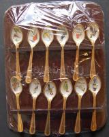 12db aranyozott tűzzománc teáskanál angol madárfajokkal díszítve, mahagóni színű fatartóban