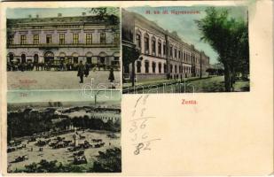 1910 Zenta, Senta; Eugen Herceg szálloda, M. kir. állami főgimnázium, Fő tér, piac, Bercel Leo üzlete / hotel, school, market square, shop