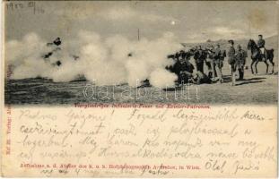 1900 Viergliedriges Infanterie-Feuer mit Exicier-Patronen. Aufnahme a. d. Atelier des k.u.k. Hofphotographen A. Huber, in Wien / Austro-Hungarian K.u.K. military, infantry fire (kis szakadás / small tear)