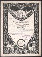 1933 A Magyarság c. újság illusztrált oklevele jeles kitüntetésben részesített, ezüstözött pohárral jutalmazott rejtvényfejtő gyermek részére. Bp., Globus-ny., 30x22 cm