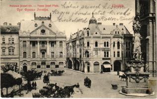 1911 Újvidék, Novi Sad; Ferenc József tér, Takarékpénztár, Első Magyar Biztosító Társaság, cukrászda, Récsei Gusztáv üzlete, piac, Szentháromság szobor. Urbán Ignác kiadása / square, savings bank, shop, market, Trinity statue, insurance company, confectionery (EK)