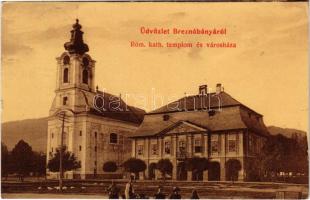 1909 Breznóbánya, Brezno nad Hronom; Római katolikus templom és városháza. Özv. Fried Mórné kiadása 315. (W.L. ?) / church and town hall + ZÓLYOM-BRÉZÓ-ZÓLYOM 97. SZ. vasúti mozgóposta (EK)