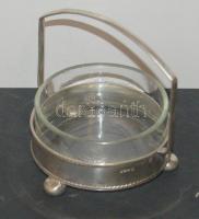 Ezüstözött, három lábon álló cukor-jam tartó, az üvegbetét nem eredeti, enyhén kopottas állapotban