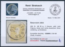 1858 2kr type IIa., yellow with slightly shifted perforation on cutting. "SISSEK" Certific...