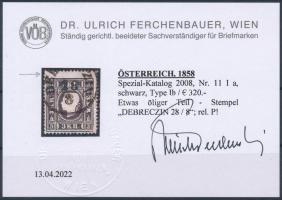 1858 3kr type Ia, fekete, decentrált / black "DEB(REC)ZIN" Certificate: Ferchenbauer