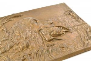 Vadászkutya a zsákmánnyal, bronz dombormű, falikép, 28x20 cm