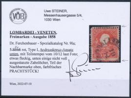 1858 5kr type I., piros, alul Andráskereszt végződéssel "BALASSA ..." Certificate: Steiner...