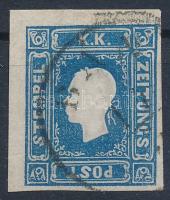 1858 Hírlapbélyeg kék, type I., kétoldalt szép nagy szélekkel "BÁN..." Certificate: Steiner (Ferchenbauer EUR 850,-), 1858 Newspaper stamp type I., blue with nice margins "BÁN..." Certificate: Steiner (Ferchenbauer EUR 850,-)