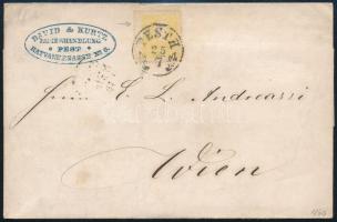 1860 2kr type II. levélen, sárga színben, extrém elfogazással "PESTH" - Wien, 1860 2kr type II. yellow on cover with shifted perforation "PESTH" - Wien