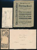 cca 1900-1935 Kis papírrégiség tétel: esküvői meghívó, jelzett grafika, Újpesti Nyári Színház röplap, 3 db szecessziós ornamentika / számolócédula. Vegyes állapotban.