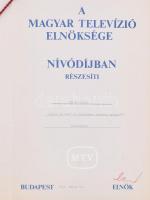 1975-1982 Az MTV nívódíj oklevele ifj. Török Vidor (1937-2005) operatőr részére, "Ilyen is van&...