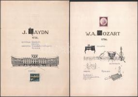 2 db kézzel rajzolt emléklap, W. A. Mozart és J. Haydn, bélyegekkel, 30x21 cm