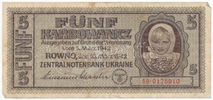 Ukrajna / Német megszállás 1942. 5K T:III  Ukraine / German occupation 1942. 5 Karbowanez C:F Krause P#51