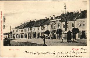 1905 Eperjes, Presov; Fő utca, Lefkovits Emil, Krausz R., Goldberger Márk üzlete, Kassai sörcsarnok. Divald / main street, shops, beer hall