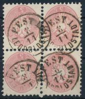 1864 5kr négyestömb / block of 4 PEST / LEOPOLDSTADT Certificate: Strakosch