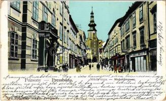 1907 Pozsony, Pressburg, Bratislava; Mihály utca, Ifj. Ignátz Lunzer üzlete. Duschinsky G. kiadása / Michaelergasse / street view with shop (EK)