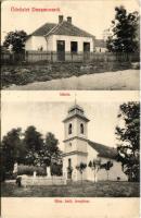 1908 Dunamocs, Mocs, Moca; iskola, római katolikus templom. Zajos Mihály kiadása / school, church (EK)