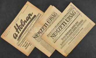 1921-1944 3 db újság: Nemzeti Ujság 1921. ápr. 20. és 1944. febr. 19-i száma + A Holnap IV. évf. 15. sz., 1942. szept. 29. Vegyes állapotban.