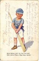 1917 Beim Rudern stell ich, fern und nah, Stets meinen Mann. Hipp hipp, hurrah! / Children art postcard. B.K.W.I. 711-4. s: K. Feiertag + K.u.K. Reserveoffiziersschule des VII. Korps (EB)