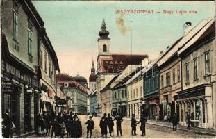 1911 Nagyszombat, Tyrnau, Trnava; Nagy Lajos utca, Mannheim Márk utóda Braun Samu, Manheimer Ha. áruháza, Lang Antal férfi szabó üzlete / street, shops (EK)