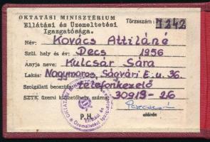 1979 Oktatási Minisztérium Ellátási és Üzemeltetési Igazgatóság arcképes igazolvány