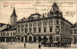 1910 Kassa, Kosice; Fő utca, Andrássy-Udvar palota és kávéház, Dr. Holzman fogorvos, Gilányi, Migaly Sándor, Gaál Gyula és fia, Müller és Blum üzlete / main street, shops, cafe, dentist (EK)