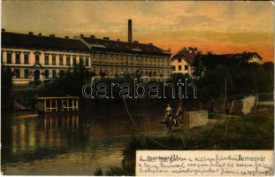 1912 Temesvár, Timisoara; Bega részlet, merítős halászháló / riverside with fishing net (EK)