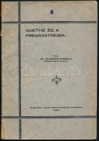Dr. Klempa Károly: Goethe és a premontreiek. Keszthely, 1933, Sujánszky József-ny., 59+(1) p. + 3 t. (képtáblák). Kiadói papírkötés, foltos borítóval, kissé sérült, ragaszott gerinccel, helyenként kissé foltos lapokkal. A szerző által DEDIKÁLT.