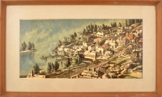 Görög Rezső (1930-): Folyópart. Rézkarc, papír jelzett, üvegezett keretben 25x50 cm