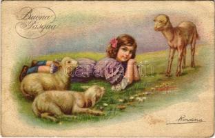 1923 Buona Pasqua / Easter greeting art postcard with girl and sheep s: Rondina (EK)
